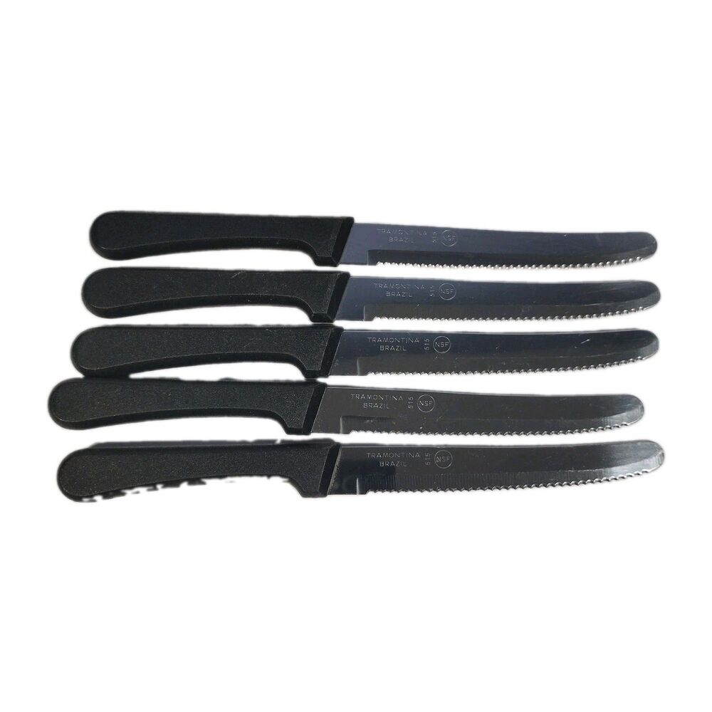 Lot of 5 Tramontina Brazil Steak Knives 515 NSF Round Tip Black Handle 4.75”